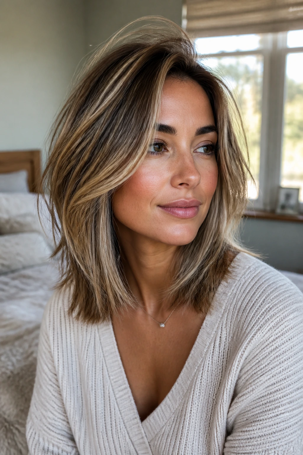 Portrait of a woman with midlength hair showing lift at roots and soft ends