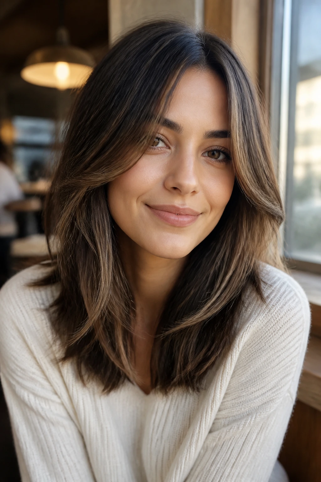 Close-up of a real woman with face-framing layered midlength hair framing the cheeks