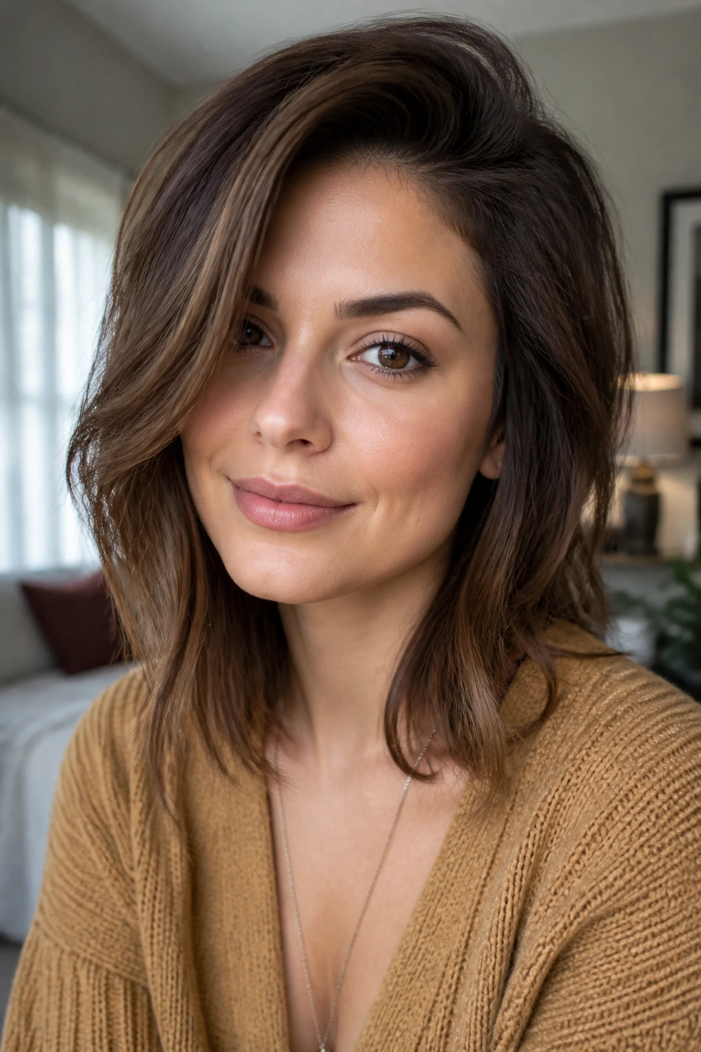 Portrait of a real woman with a side-parted mid-length hairstyle highlighting cheekbone framing on a square face.