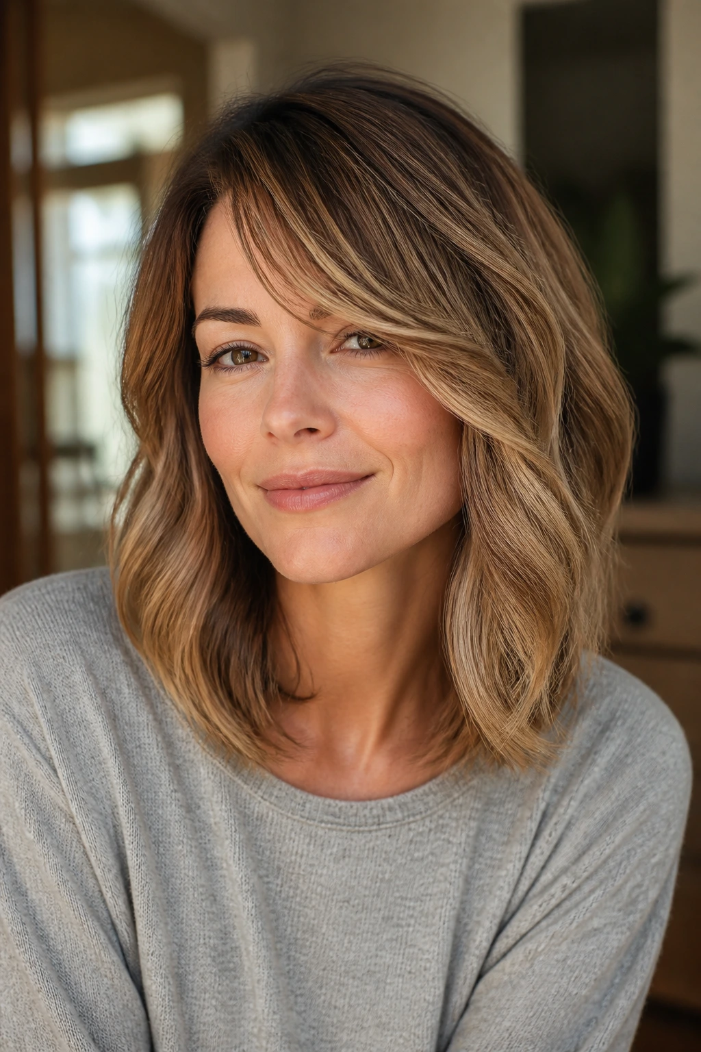Portrait of a woman with beveled mid-length hair and side-swept bangs showing variation in styling.