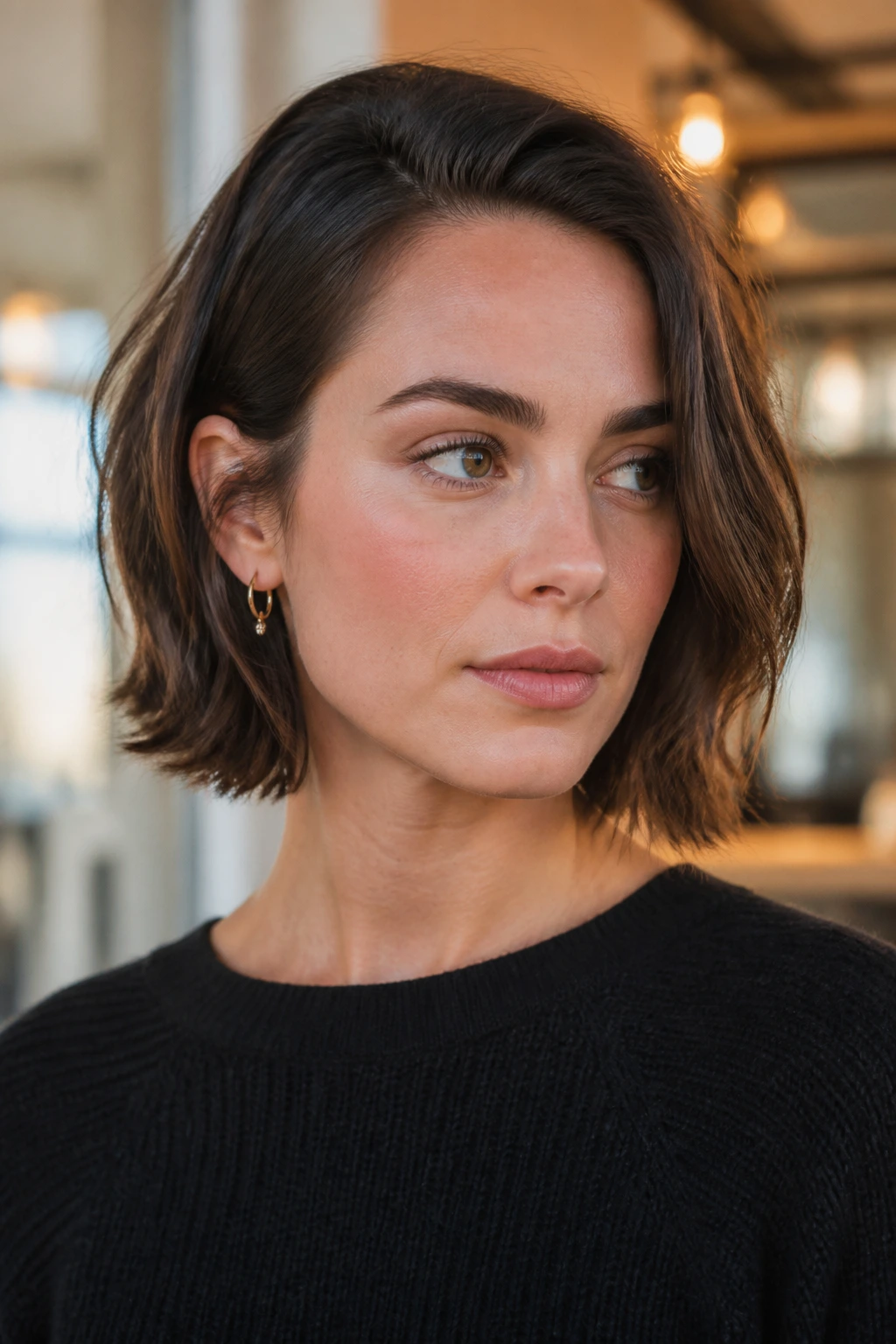 Close-up of a real woman with a midneck layered bob and a tucked-front behind the ear.