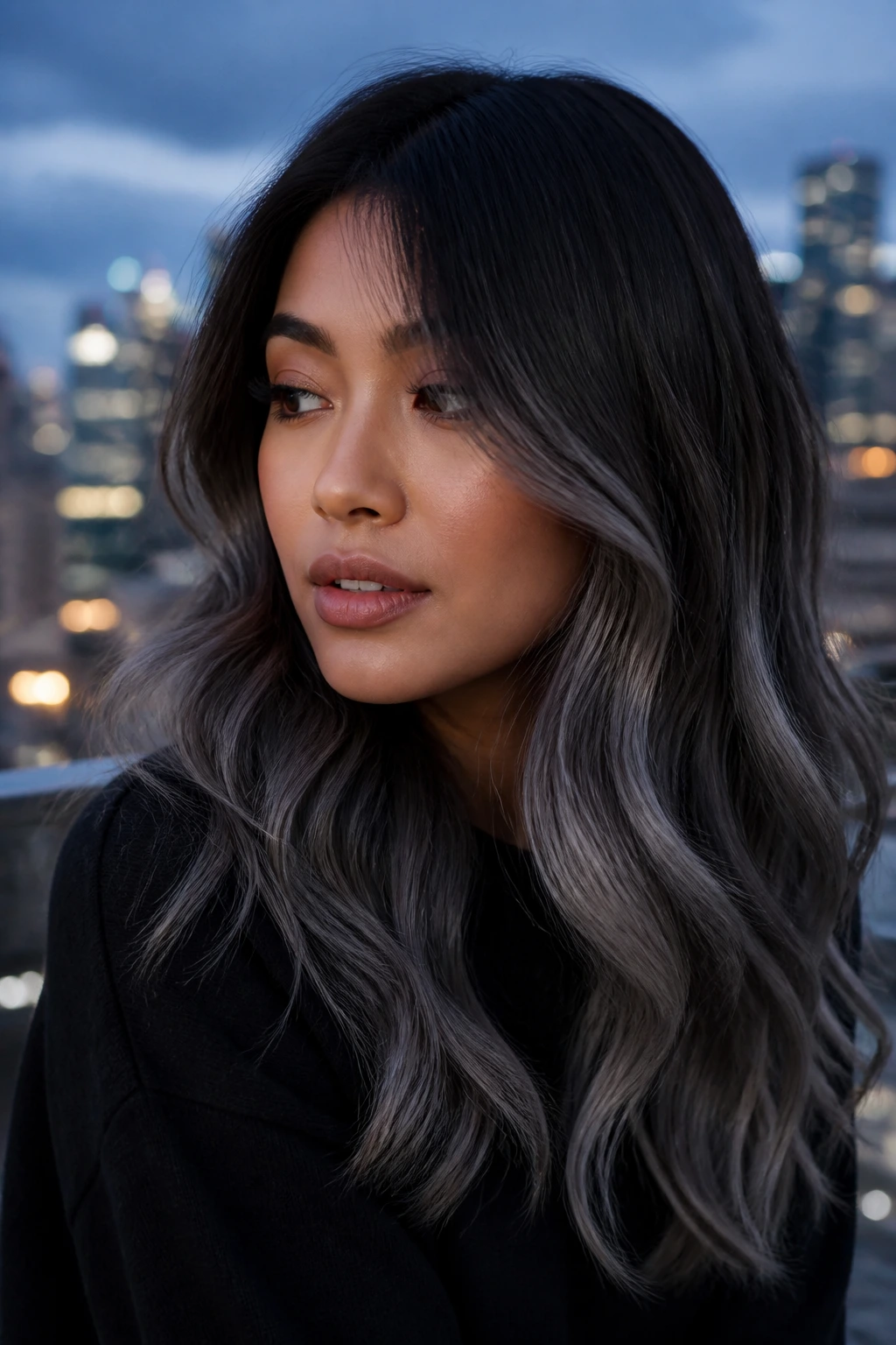 Close-up of brunette hair fading to ash at ends in midnight ash ombré.