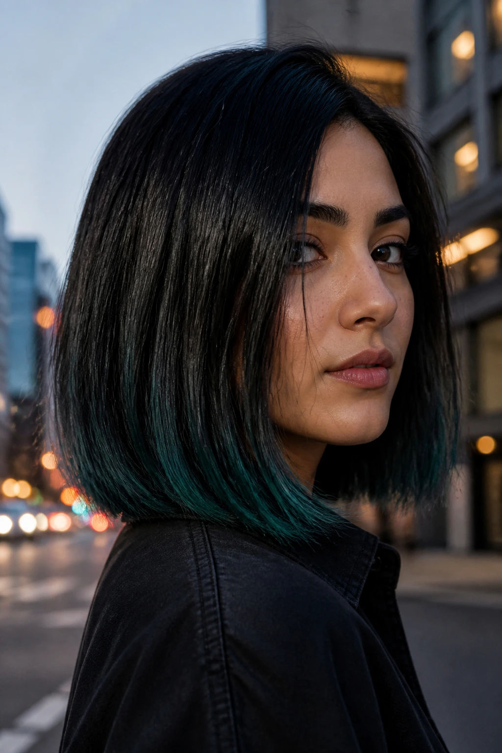Hair with deep black base and smoky teal end colors against olive skin.