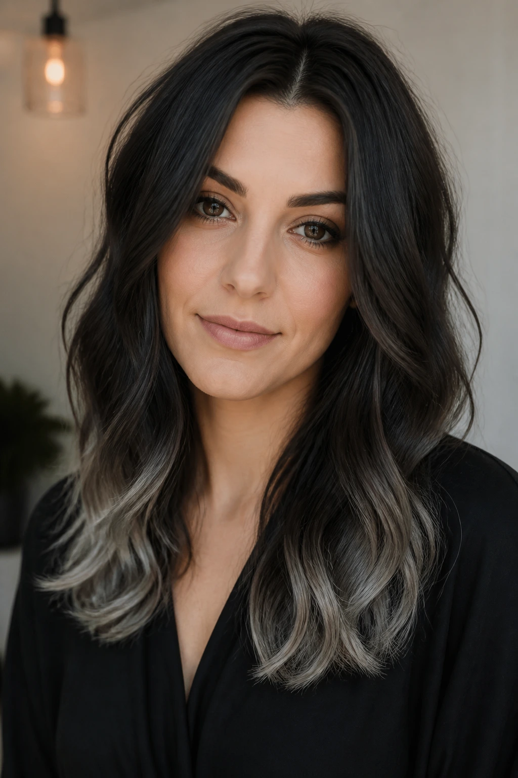 Close-up portrait of a person with midnight brown hair and frosted tips
