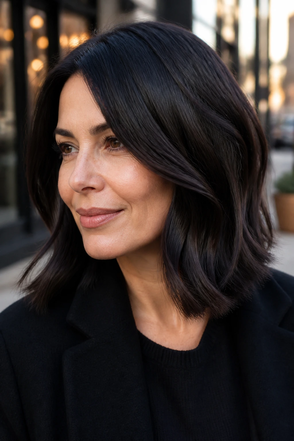 Close-up of a real woman with midnight brown lob, glossy depth.