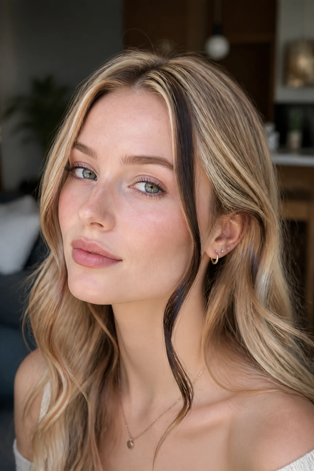 Close-up portrait of a real woman with midnight brown front ribbons framing the face.