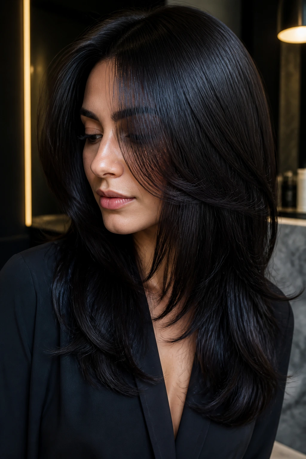 Portrait of a real woman with Midnight Brown blue-black shine on layered hair.