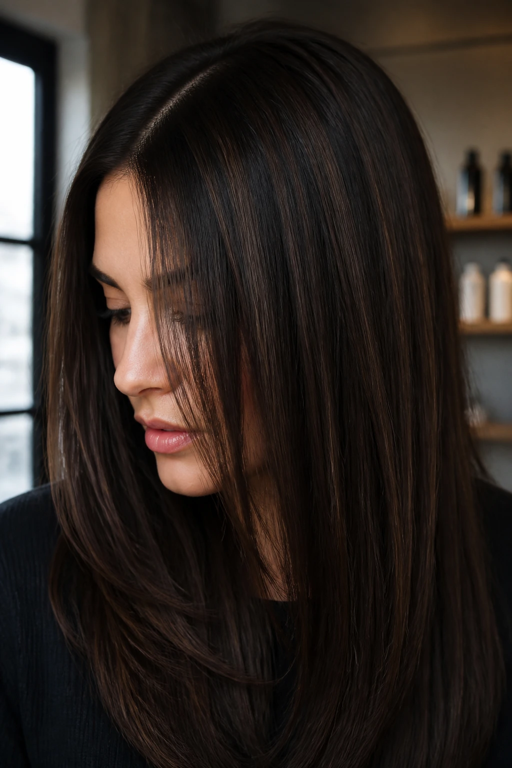 Close-up of glossy straight hair with midnight brown veils