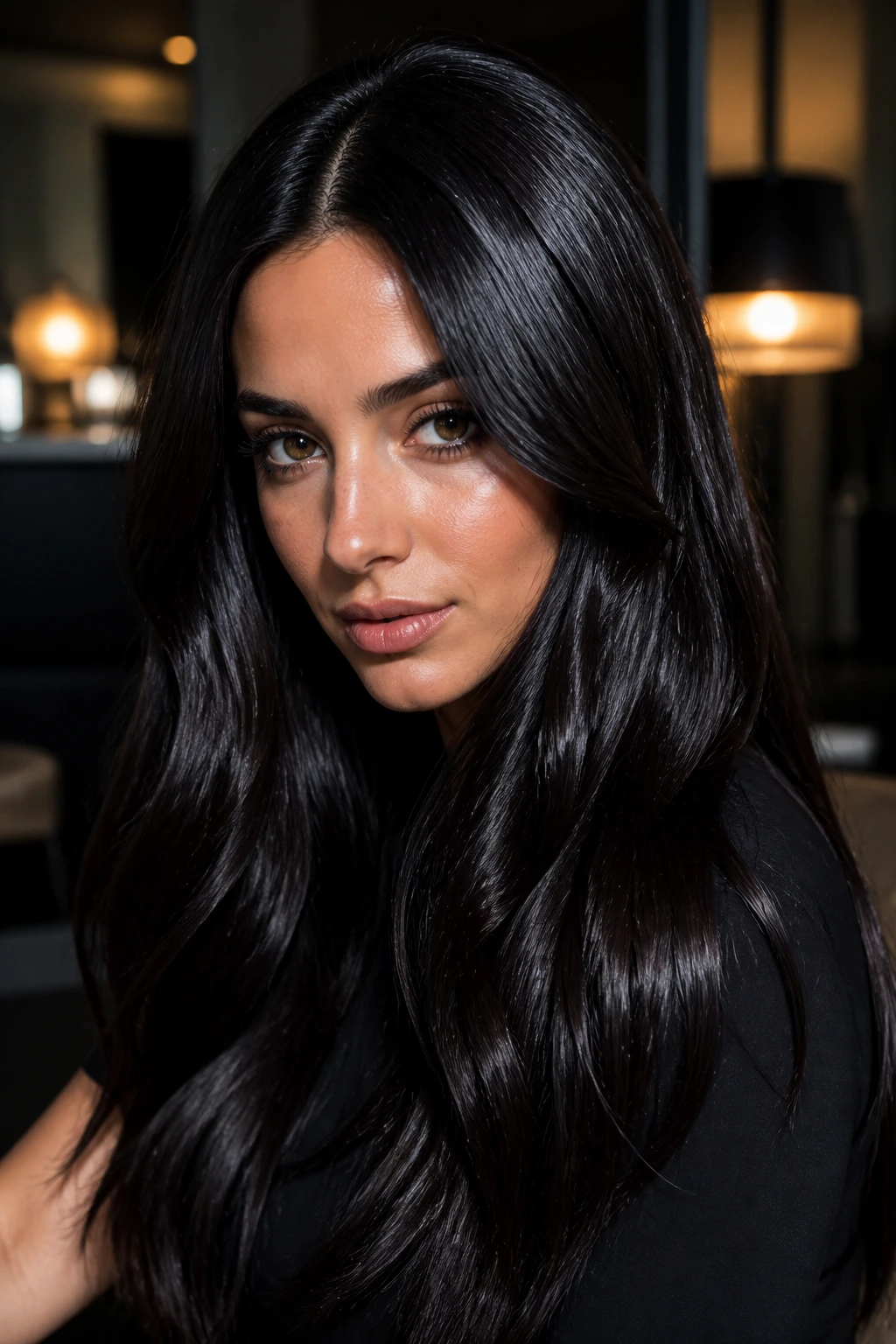 Real woman with high-gloss midnight brunette hair and olive skin