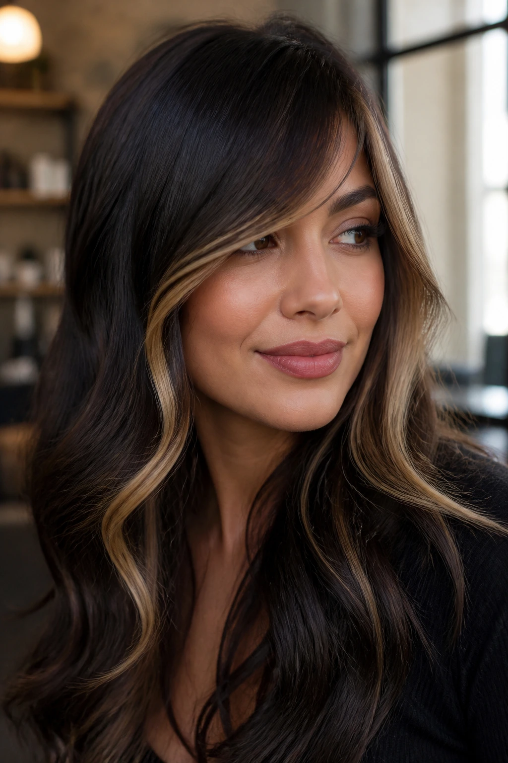 Close-up of brunette hair with midnight espresso base and face-framing gold highlights.