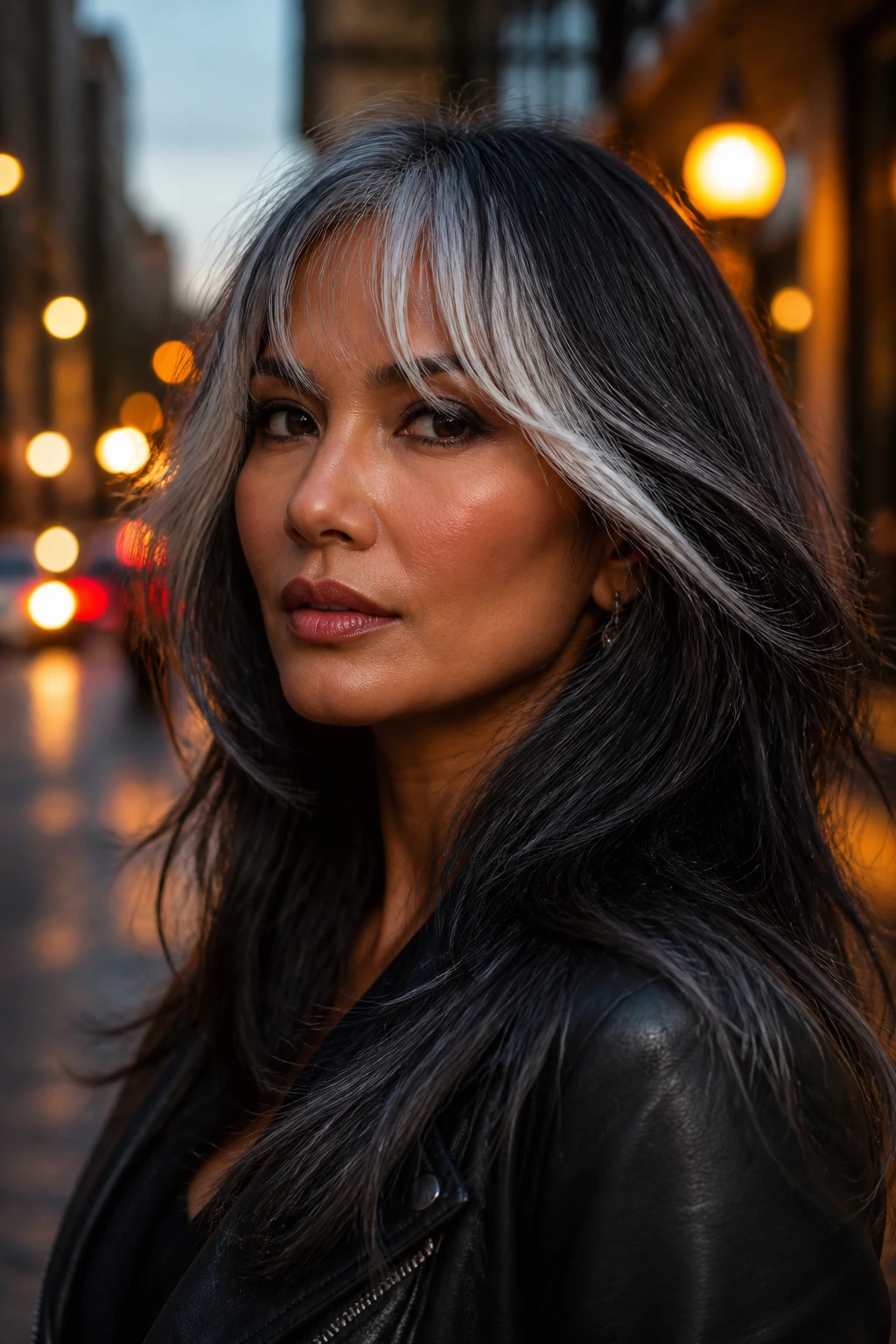Real woman with midnight gray hair and bright fringe on tan skin, urban dusk backdrop.