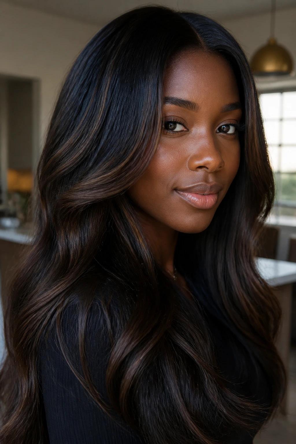 Close-up of a real person with dark hair and mocha highlights under warm window light