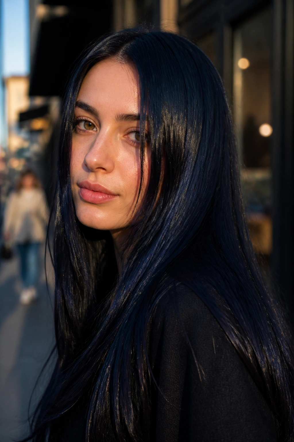Portrait of a woman with midnight navy black hair reflecting deep blue