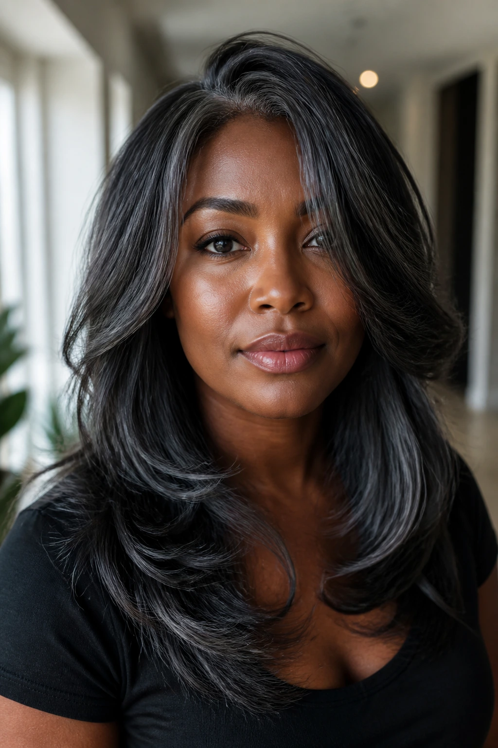 Portrait of a real person with layered gray-black hair.