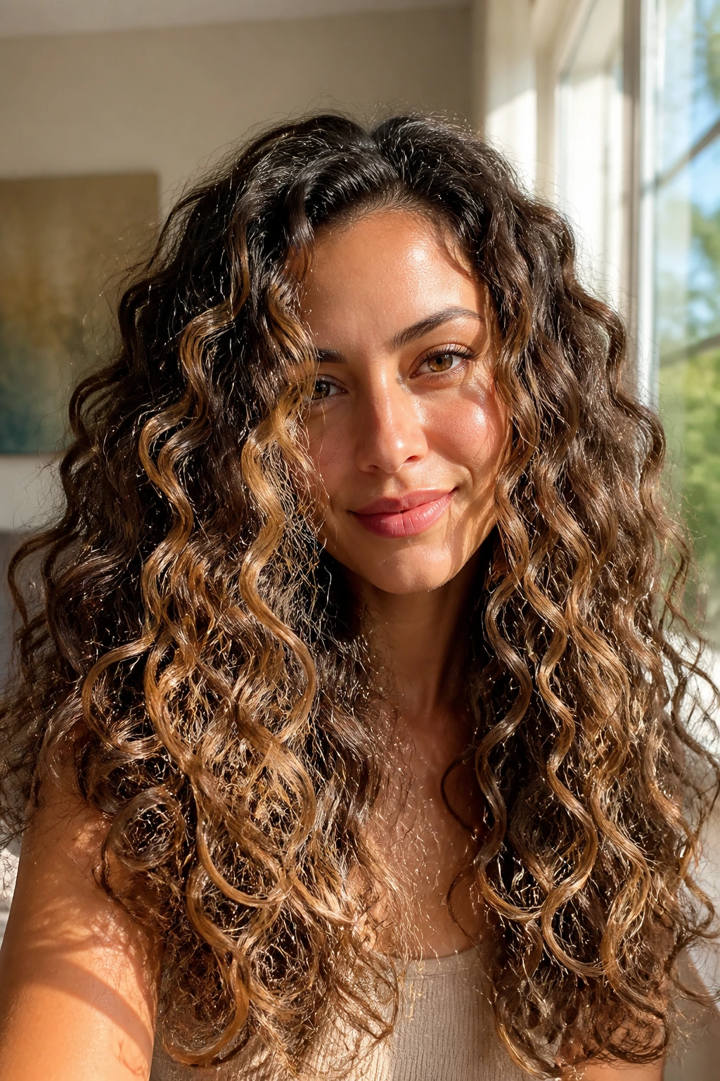 Close-up of a real woman with voluminous long curls showing midshaft babylights in warm window light