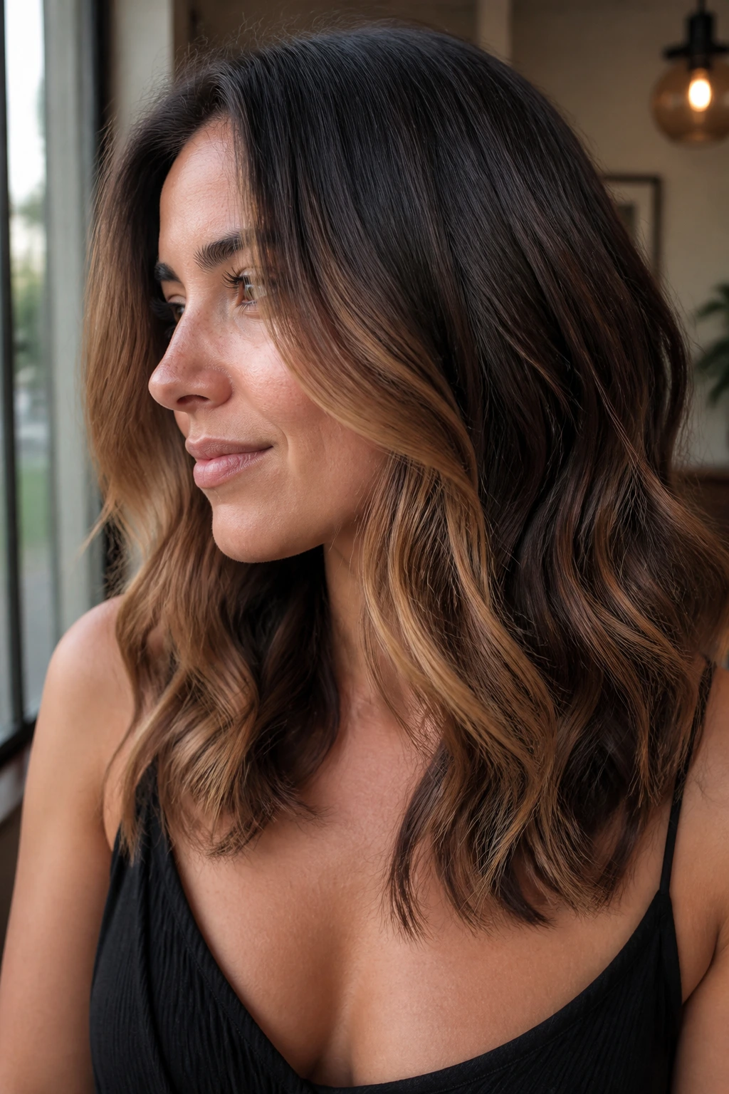 Brunette with cocoa base and caramel midshaft highlights creating dimension