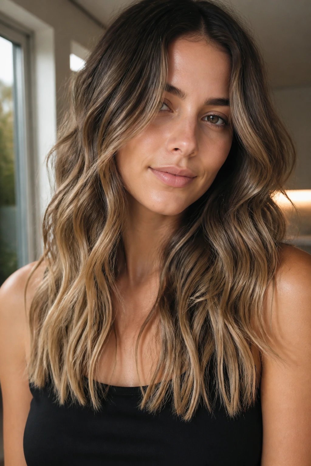 Portrait of a real woman with midshaft tousle waves and straight ends