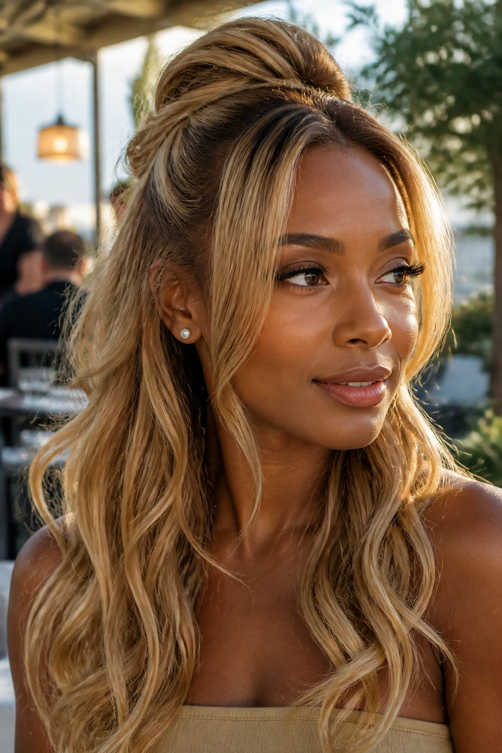 Close-up of miel blonde half-up half-down hairstyle on deep skin.