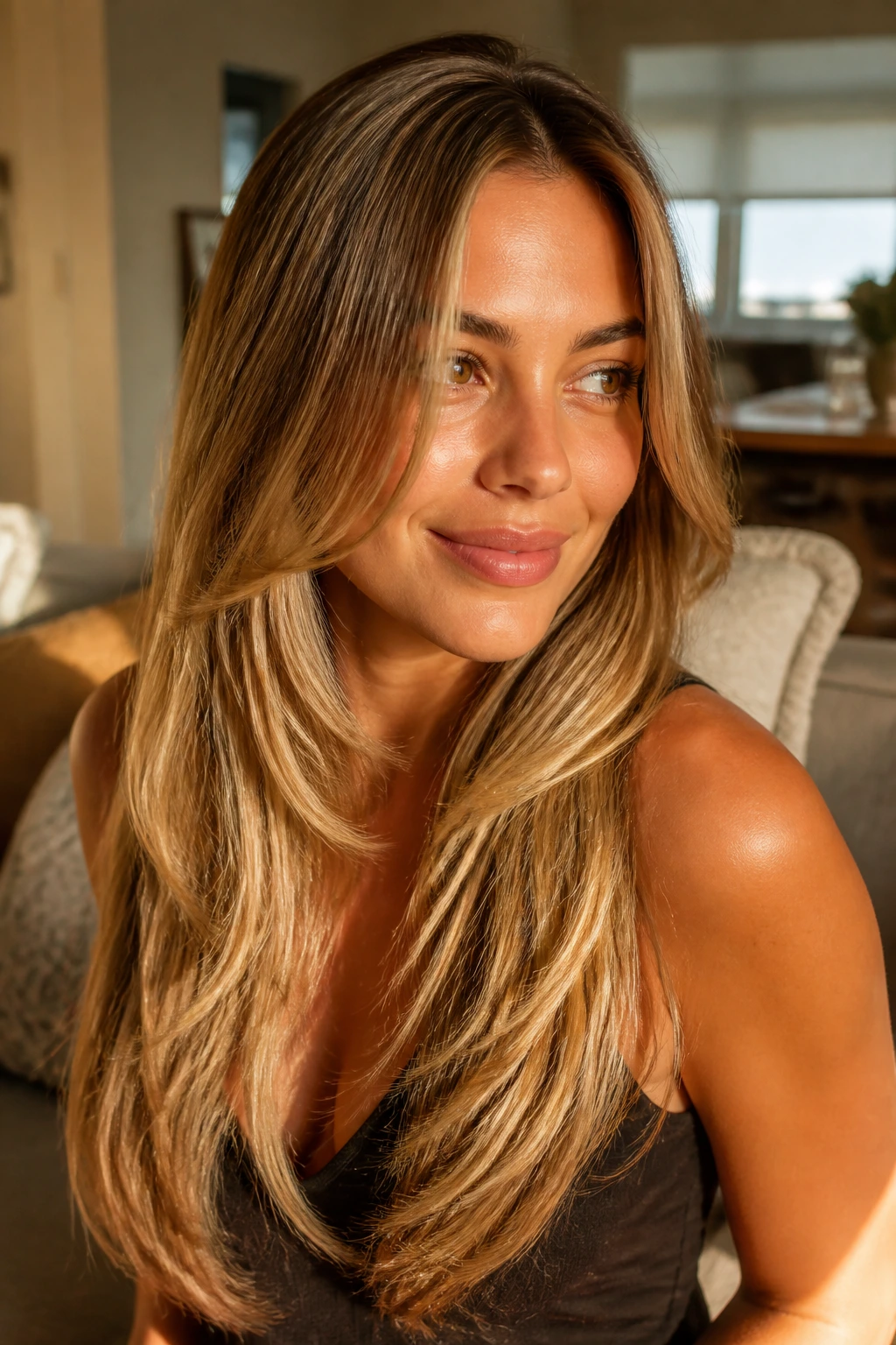 Close-up portrait of a real woman with Miel Blonde Layers in honey tones