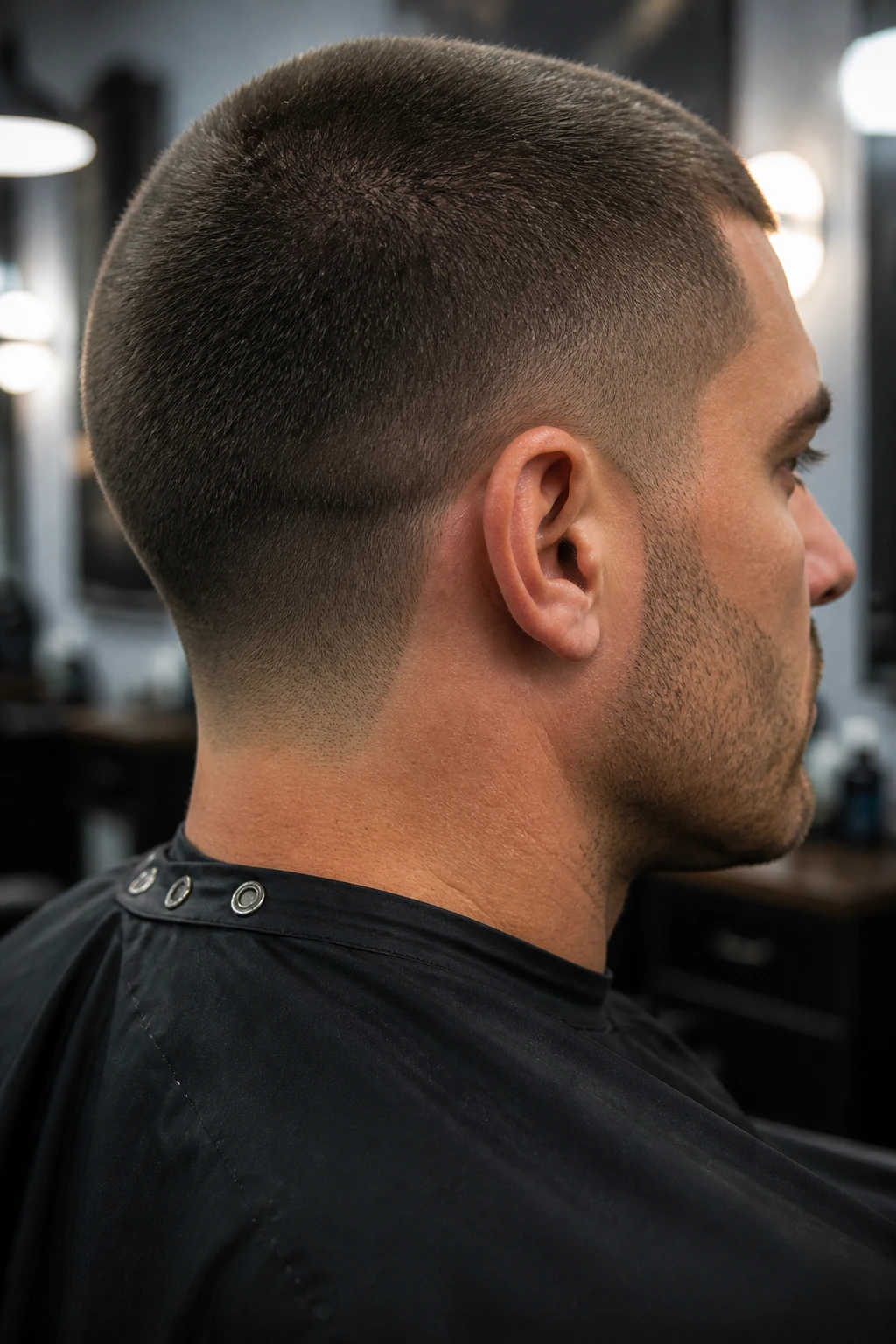 Portrait showing military regulation buzz with tight nape taper