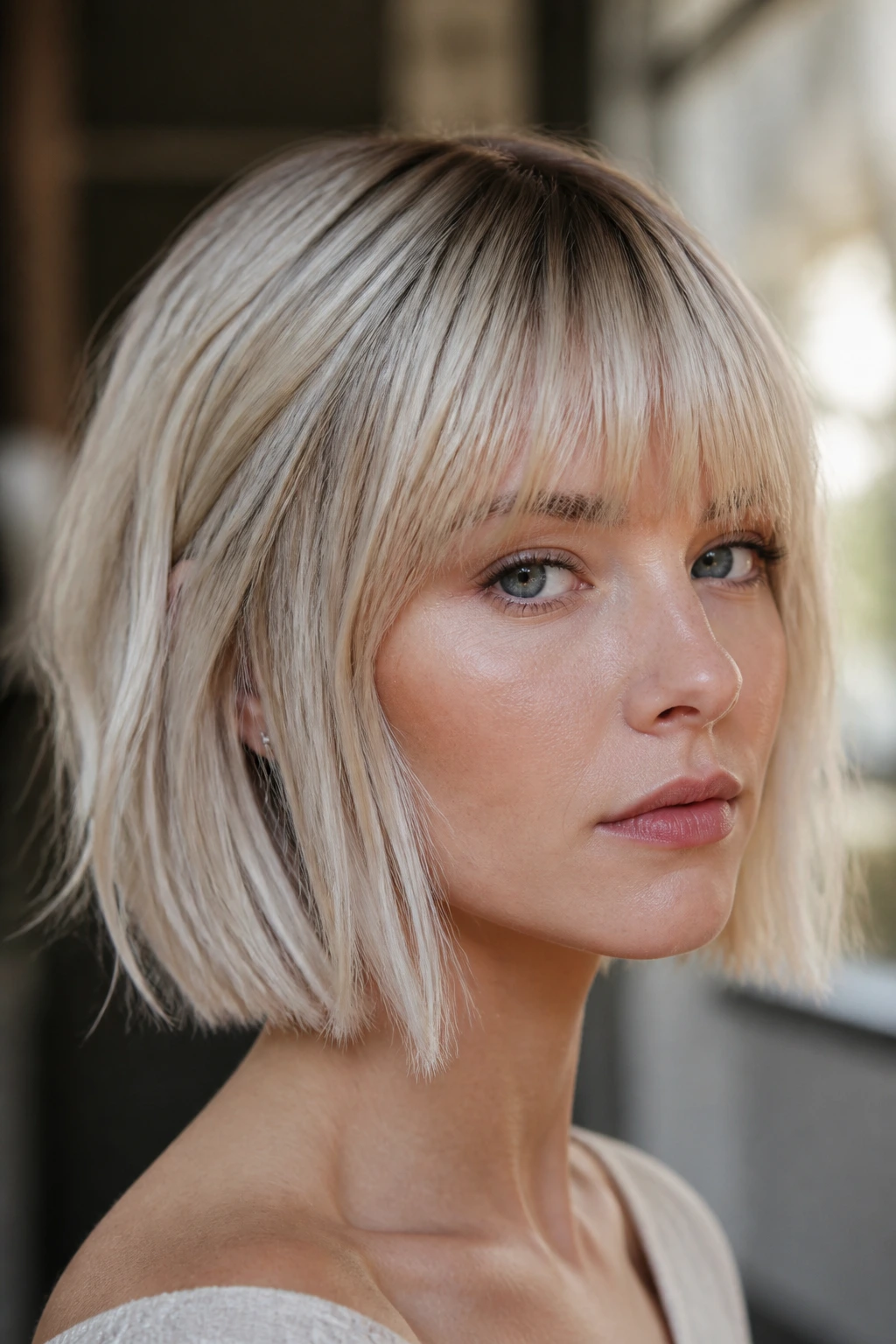 Portrait of a person with a short bob and cool beige highlights.