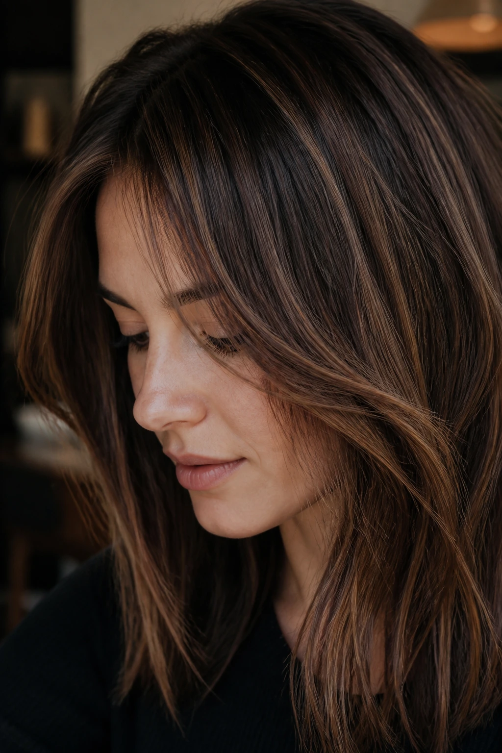 Close-up of hair with milk chocolate babylights on dark brown base