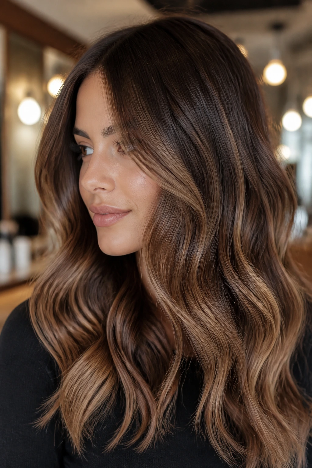 Close-up portrait of a brunette with milk chocolate balayage from mid-lengths to ends.
