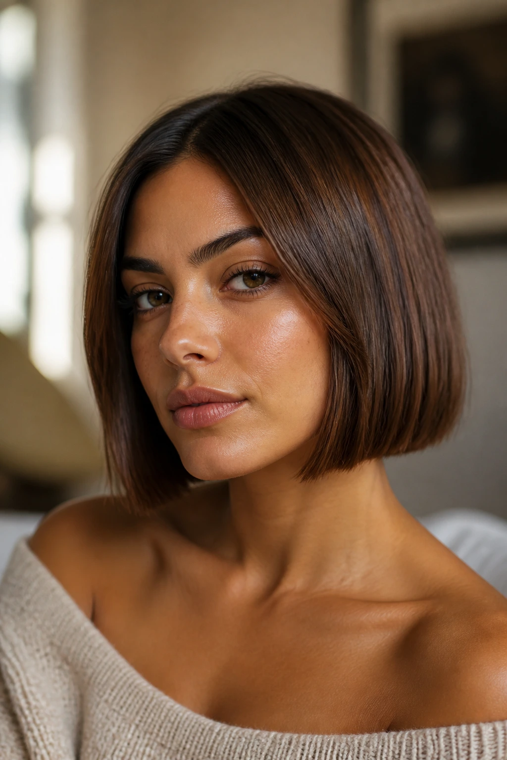 Close-up of a real woman with a milk-chocolate blunt bob under warm window light