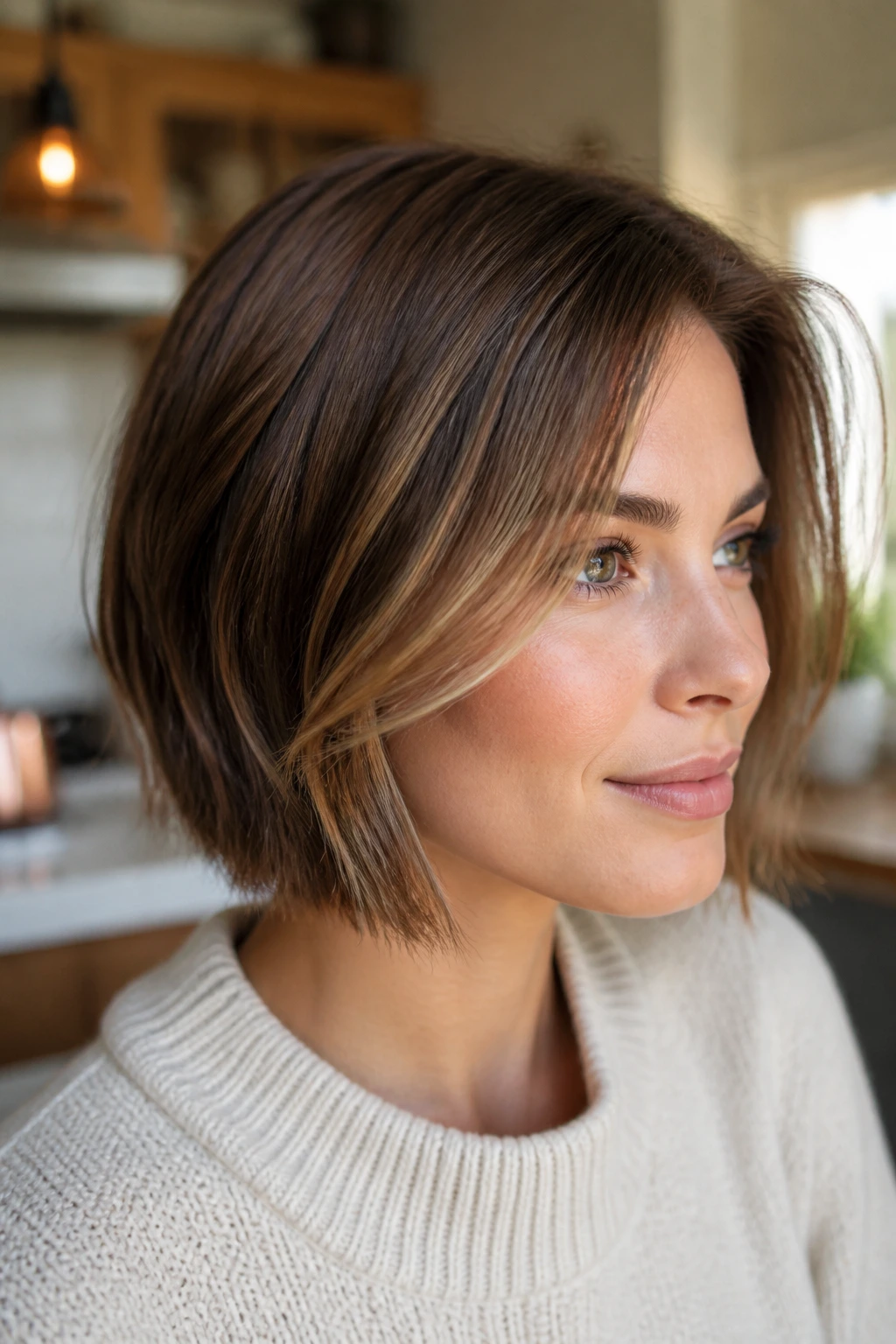 Milk-chocolate bob with buttery highlights on a real person's hair