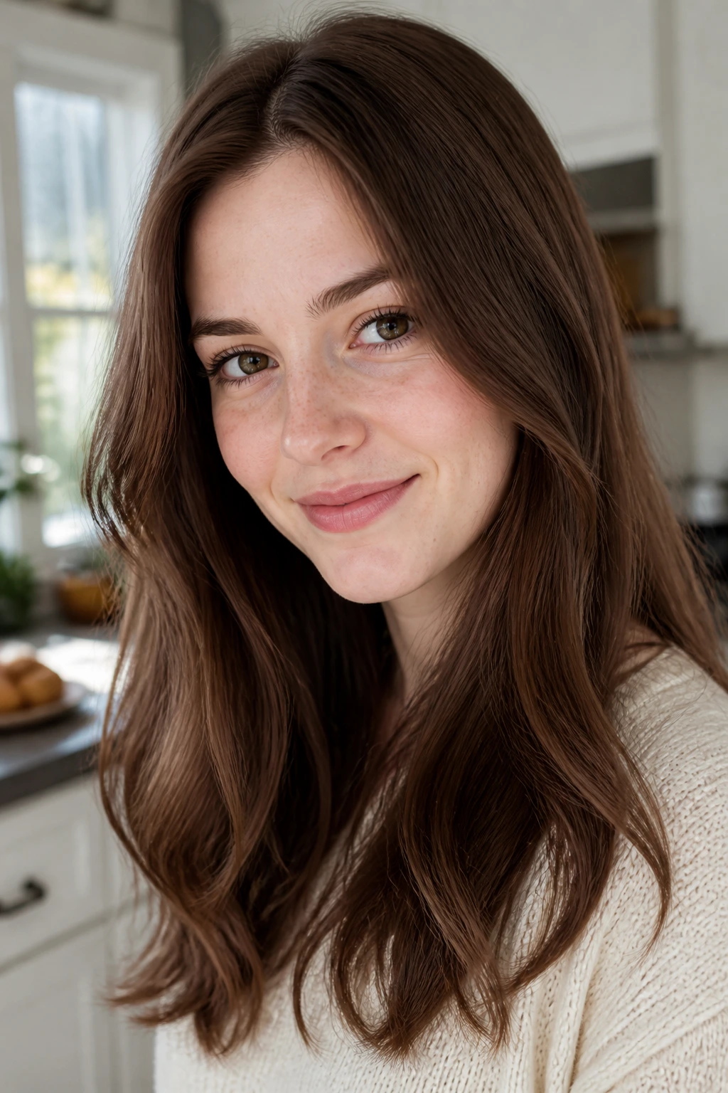 Close-up portrait of a real woman with milk chocolate brown hair