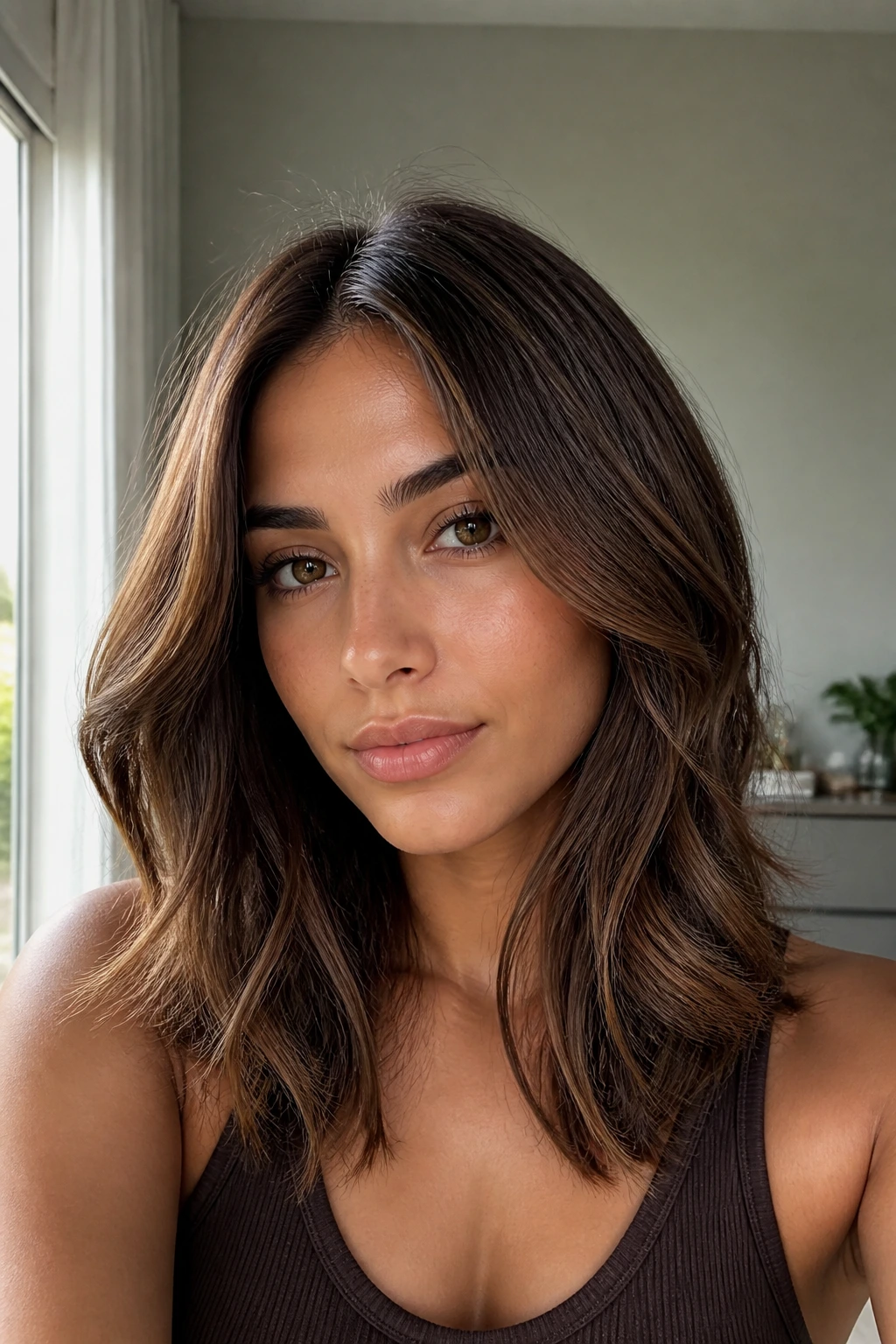 Close-up portrait with milk chocolate brunette hair on olive skin