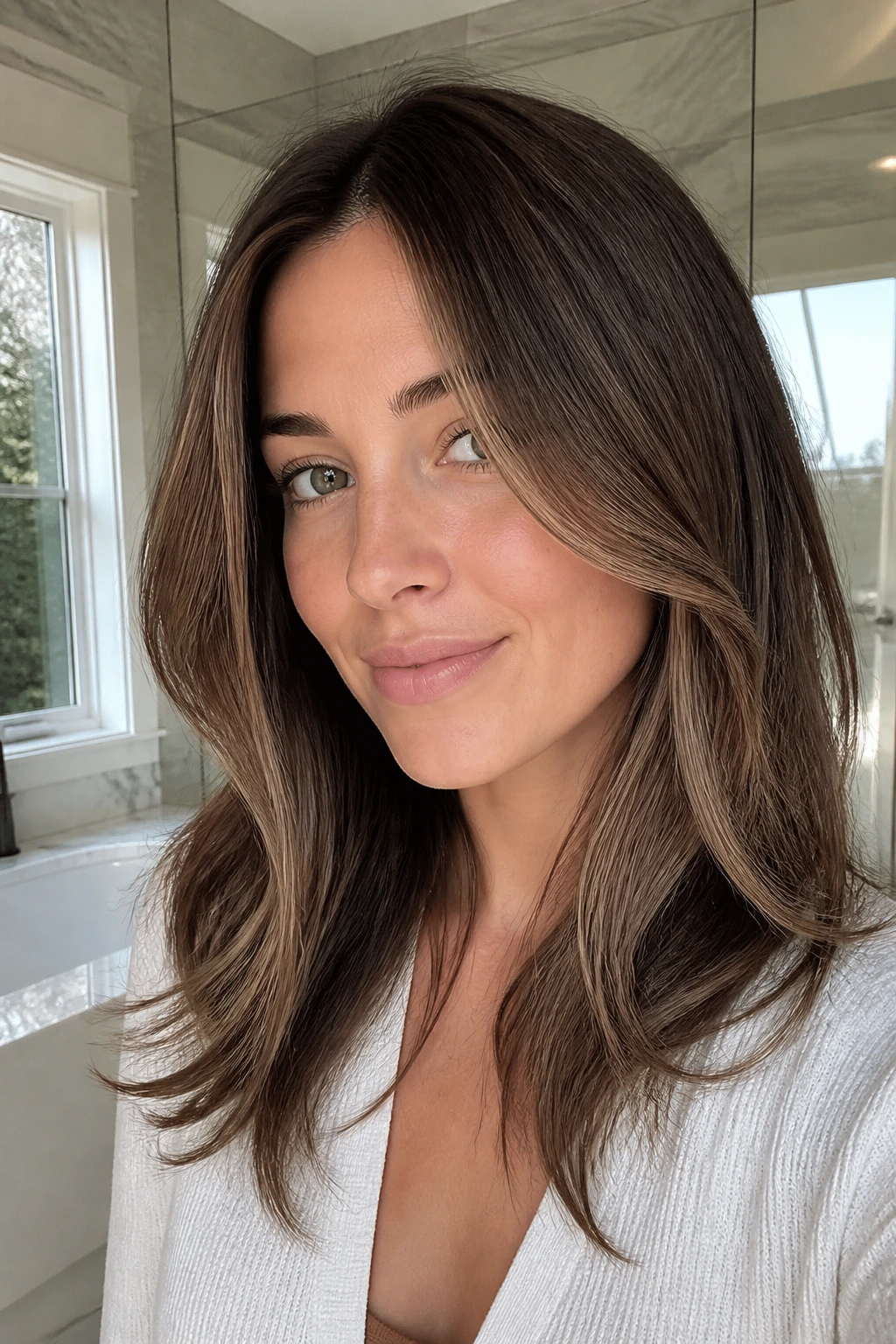 Portrait of woman with milk chocolate face frame and airy ends