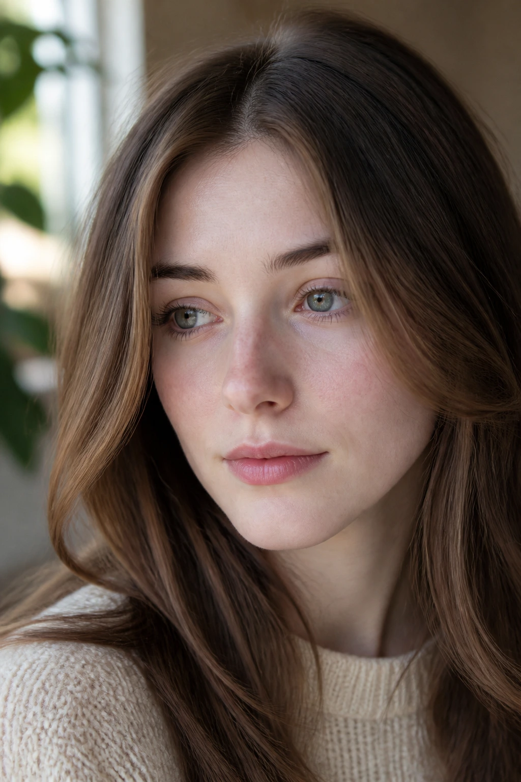 Close-up of milk-chocolate hair framing pale skin with a soft edge.