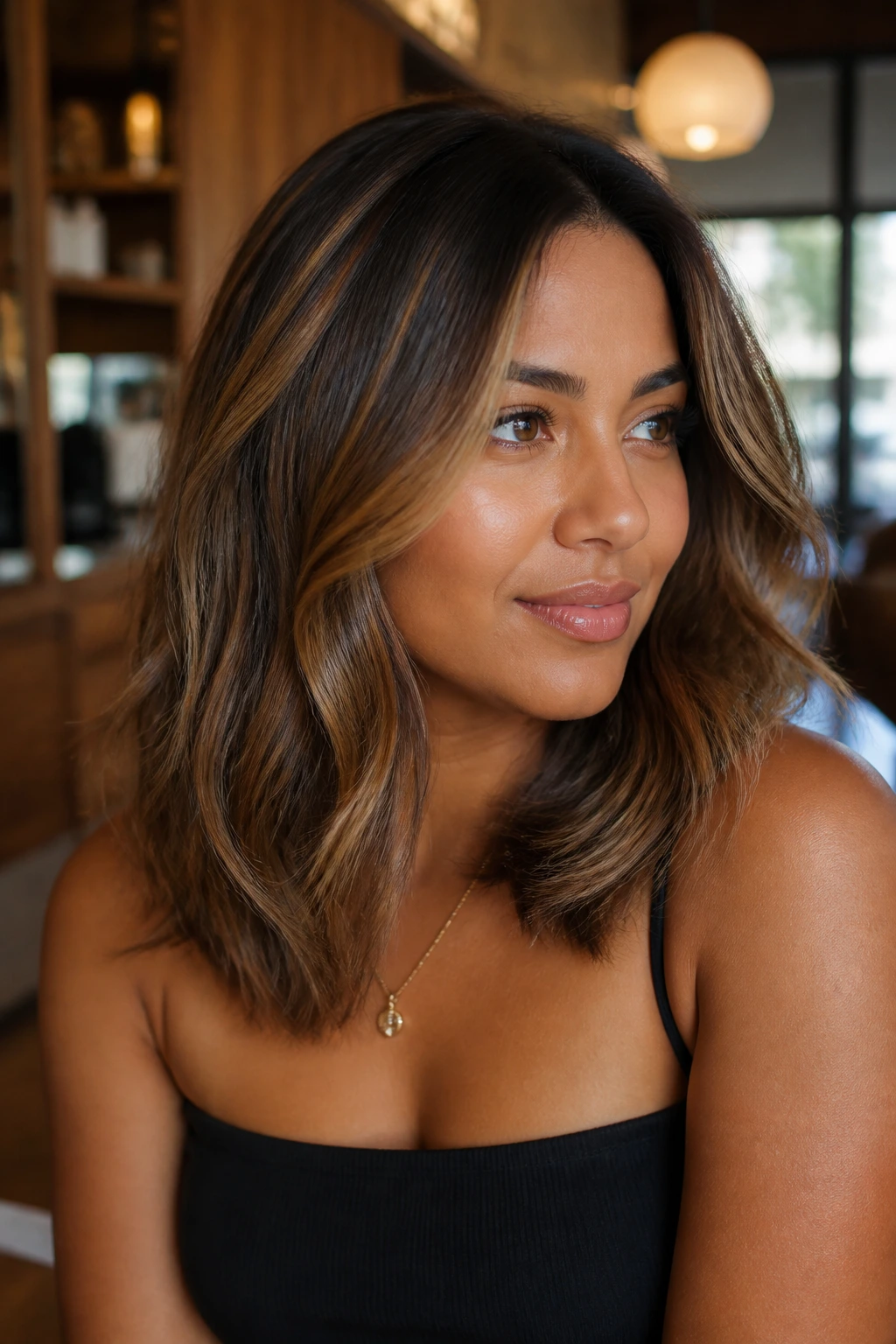 Shoulder-length milk chocolate hair with toffee streaks around the face.