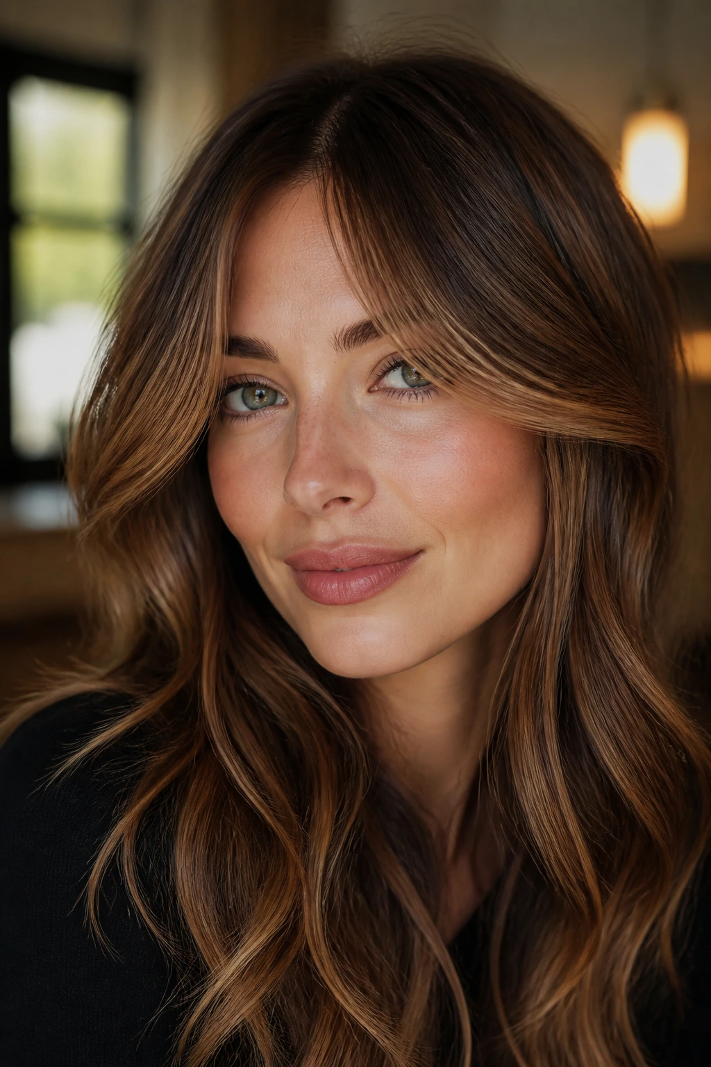 Close-up of milk chocolate hair with honey contour around temples and cheeks