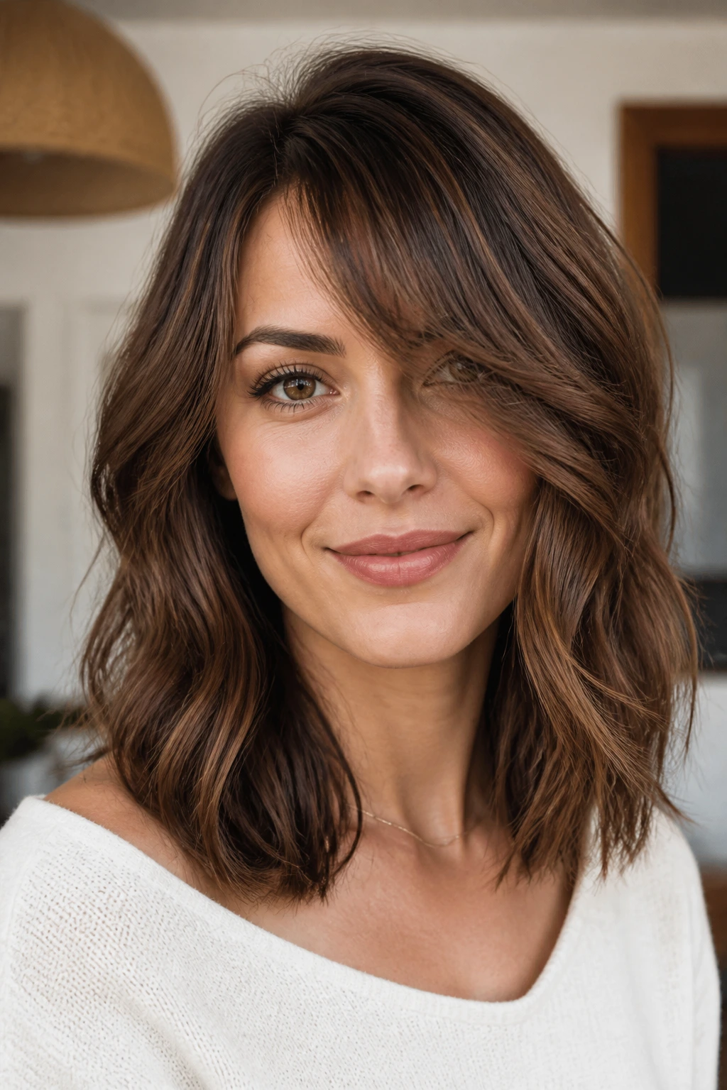 Close-up portrait of a woman with a milk chocolate lob and a side-swept fringe.