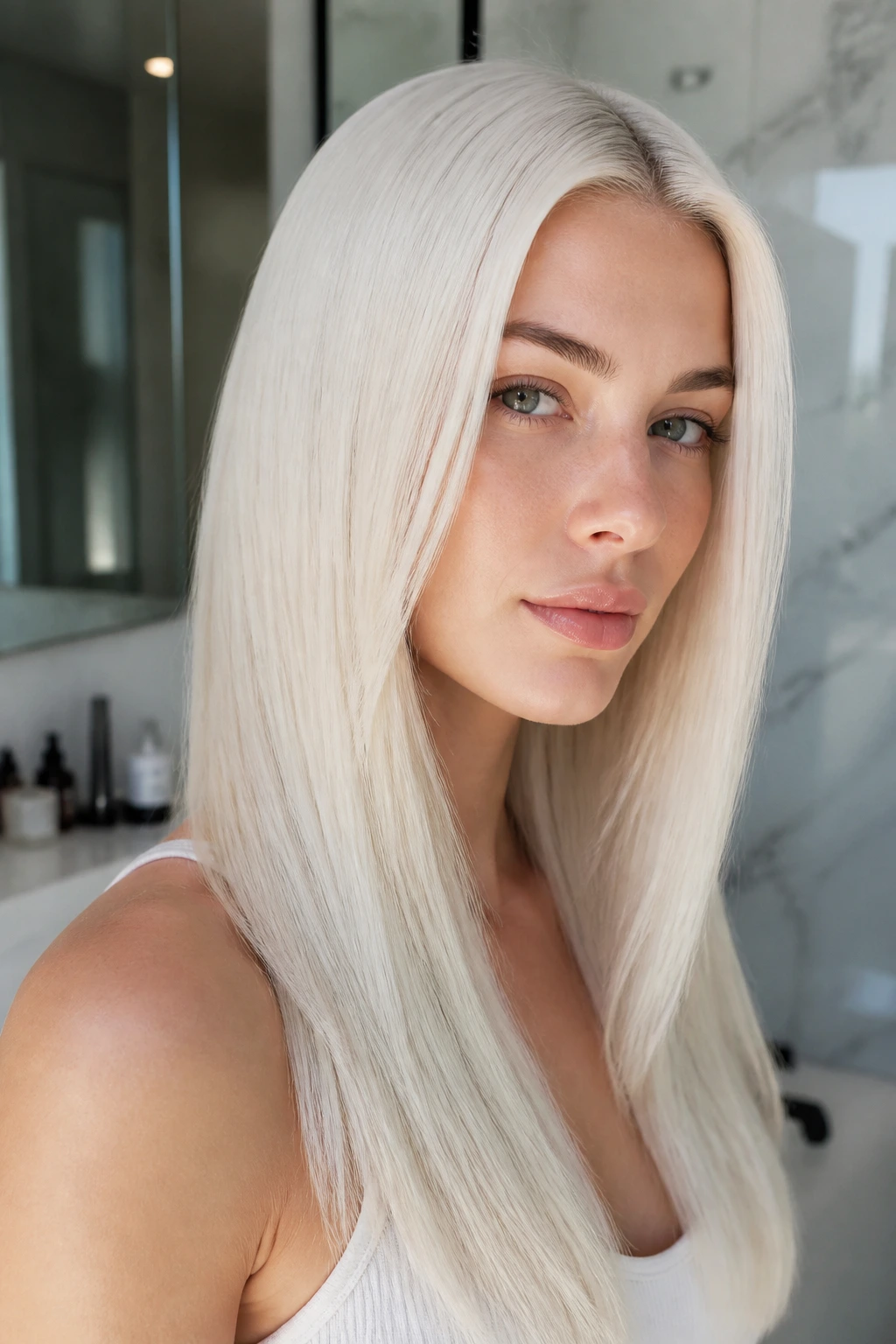 Close-up of a real person with milk-glass straight hair