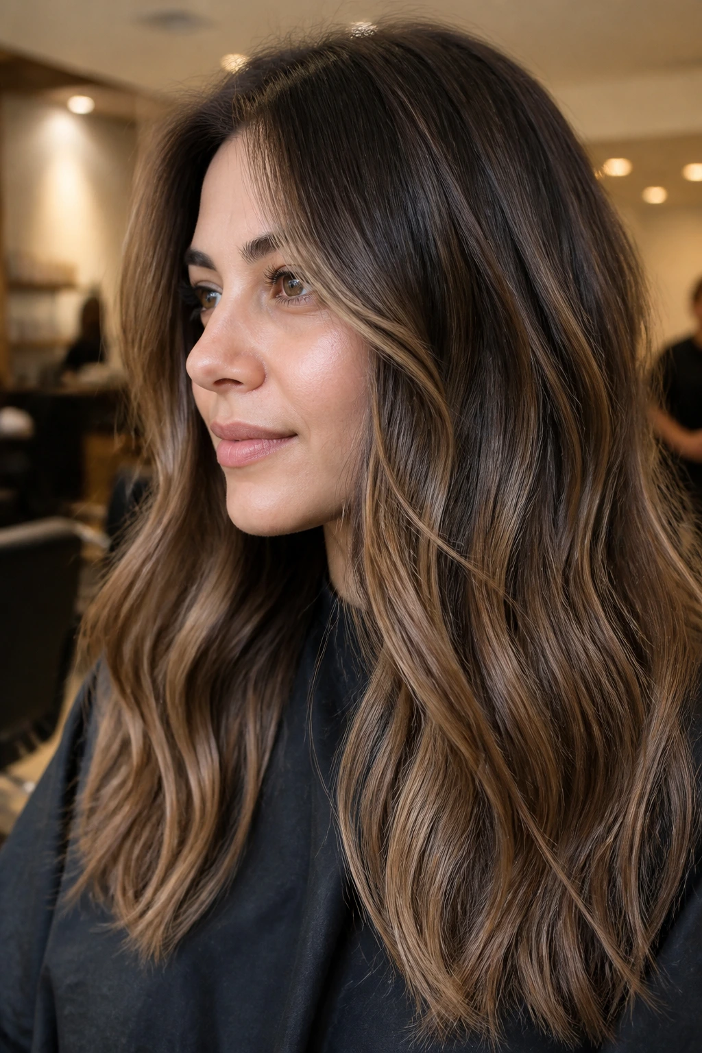 Close-up of brunette with milk-tea caramel ribbons in hair