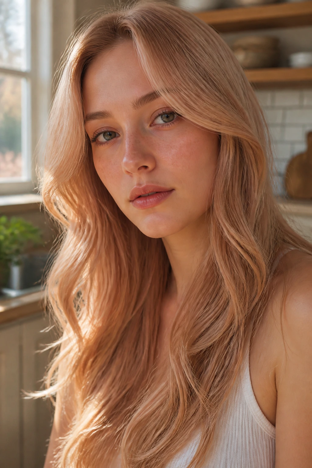 Close-up of a real person with milk-tea copper blonde hair in warm lighting.