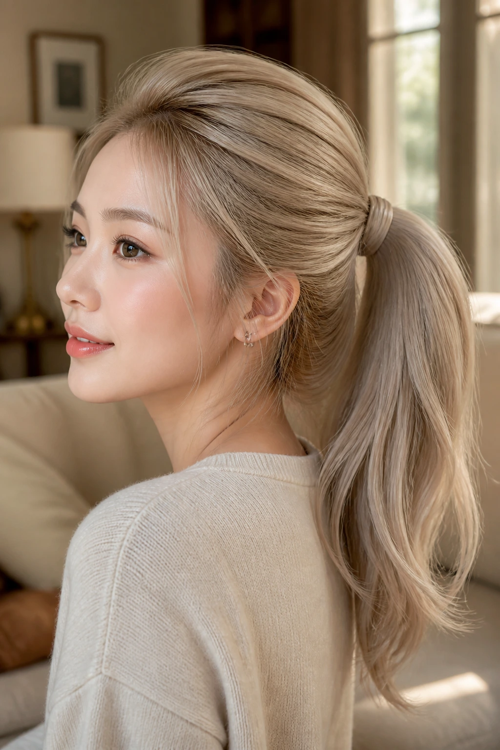 Real woman with milk tea ponytail in cream blonde, soft, natural light.