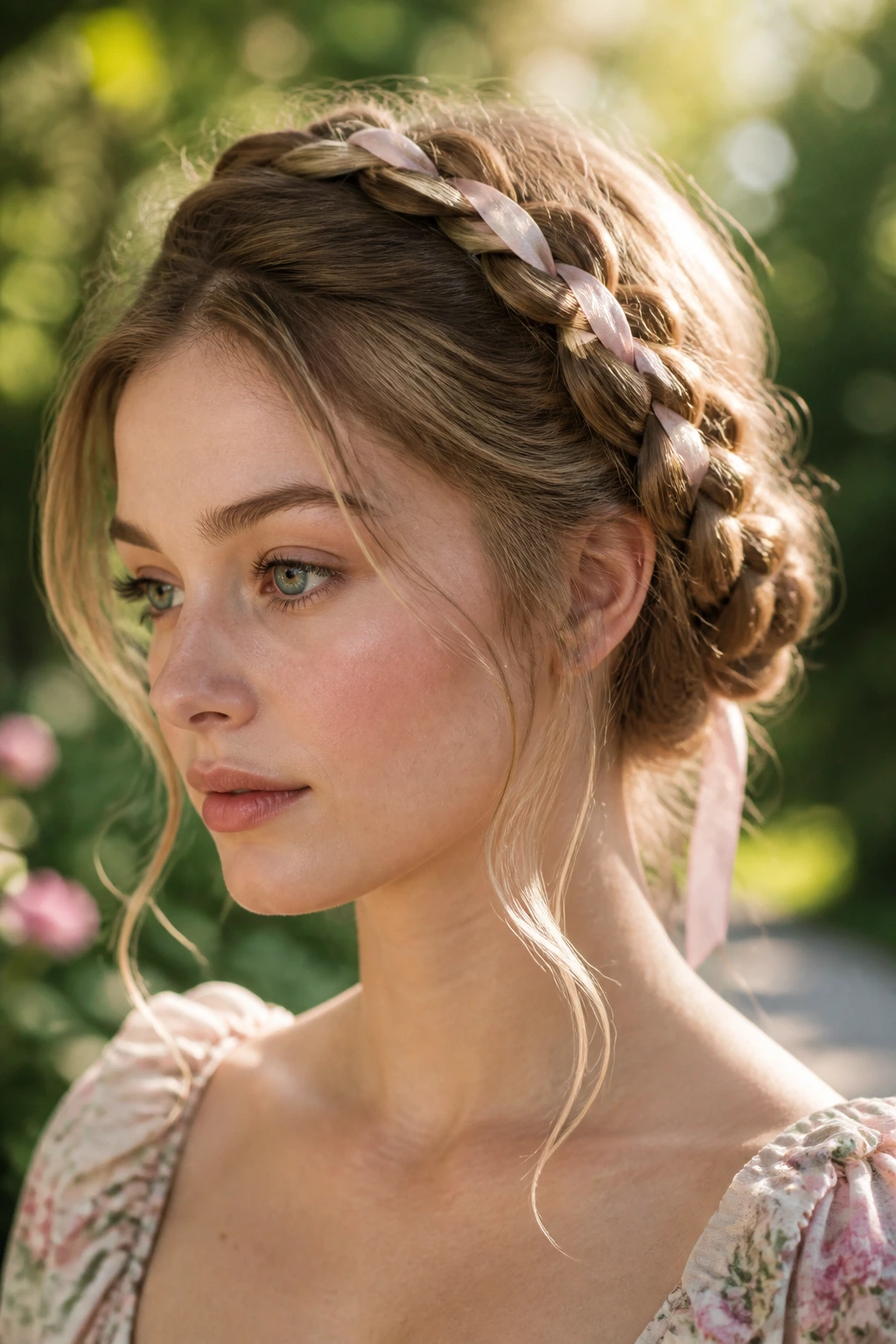Close-up of a real woman with a ribbon-woven milkmaid braid in a garden setting.