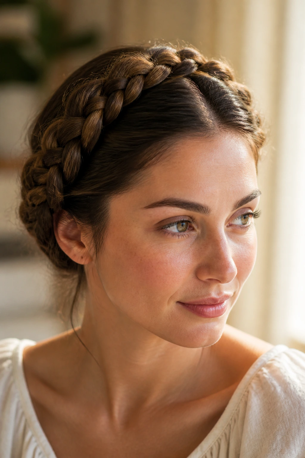 Real woman with milkmaid crown braids around the head