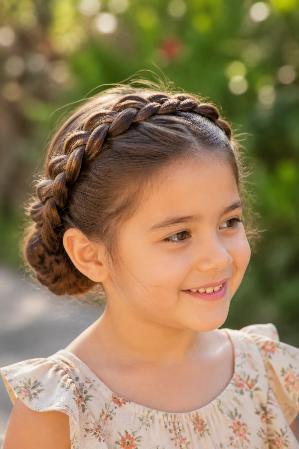 Close-up of a real child with milkmaid braids and hidden low bun outdoors in sunlight