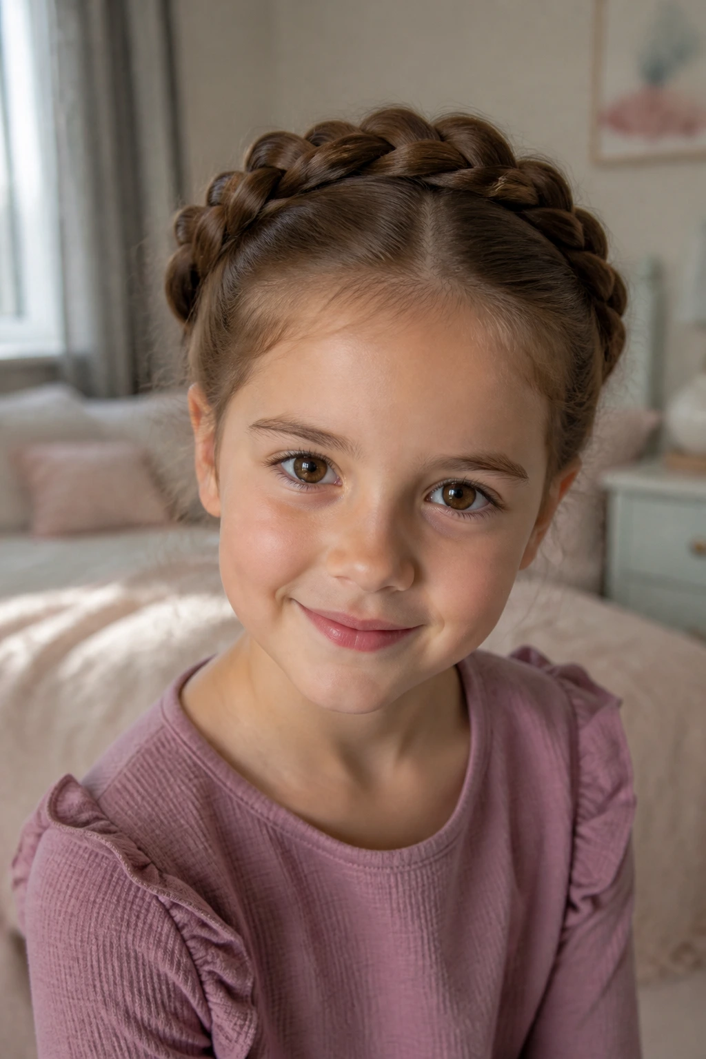 Close-up of a young girl wearing milkmaid braids that wrap over the crown and tuck neatly