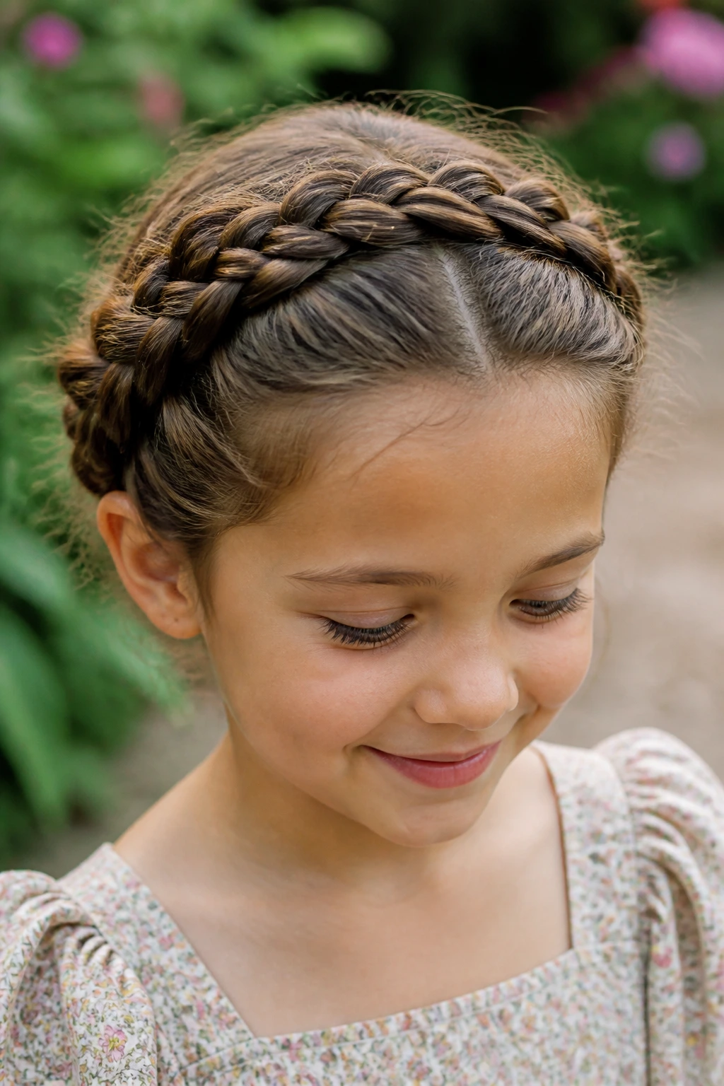 Close-up of a real child wearing milkmaid braids forming a crown over the head