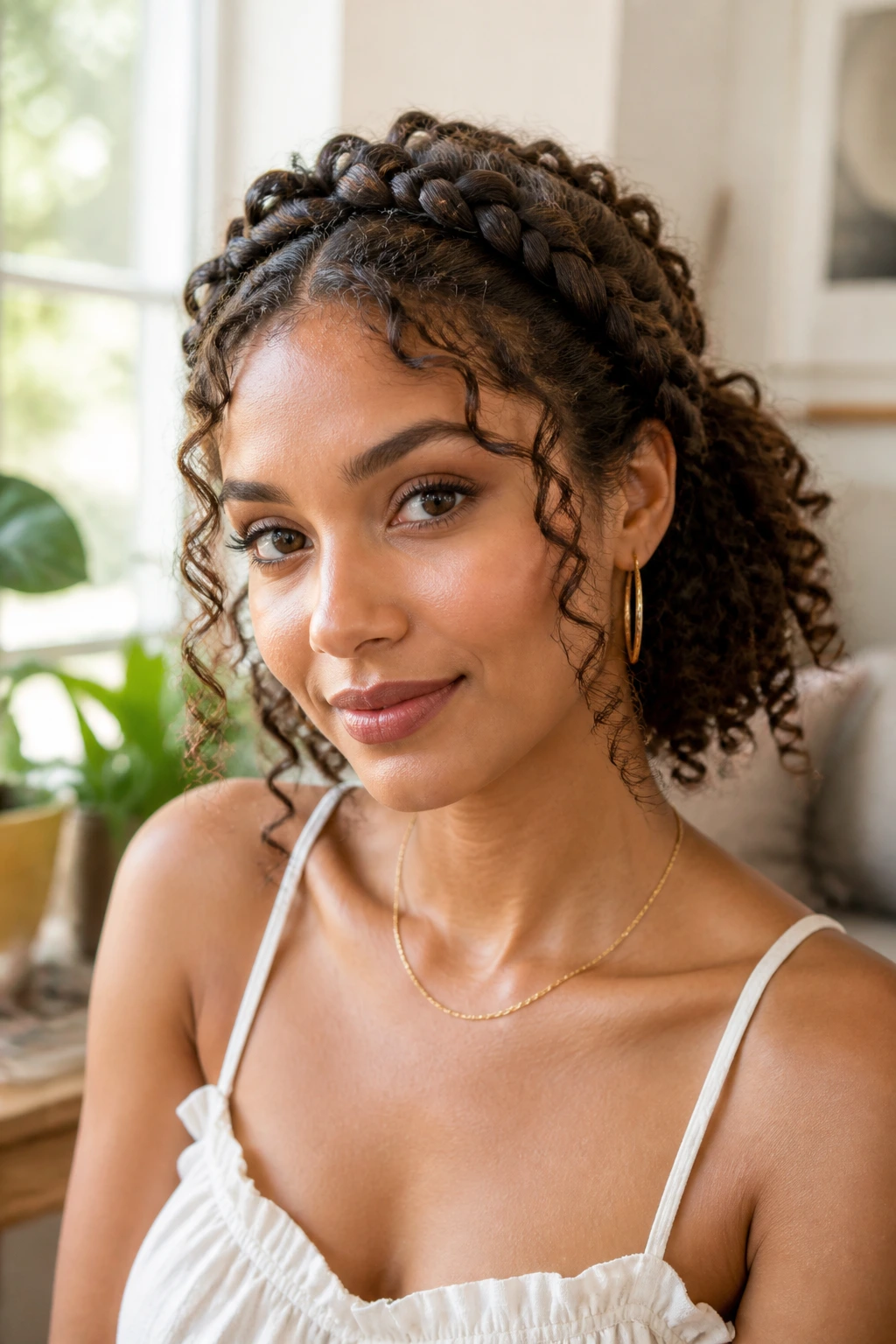 Front view of a person with milkmaid braids across the crown on curly hair.