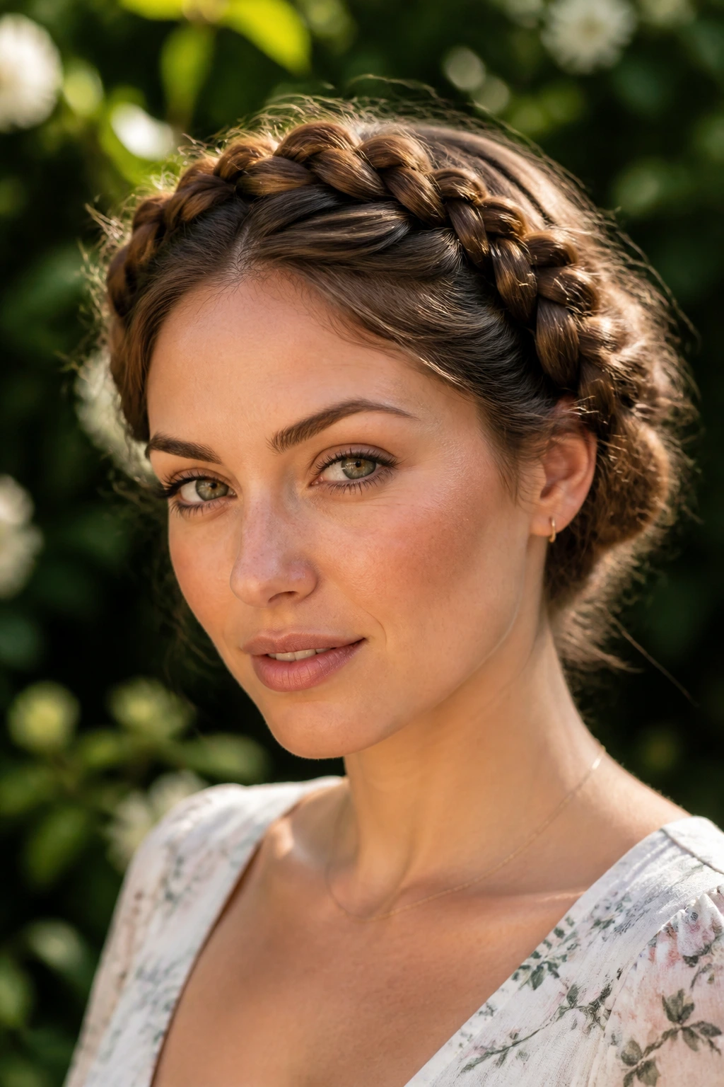 Real woman with two milkmaid braids wrapping across the crown