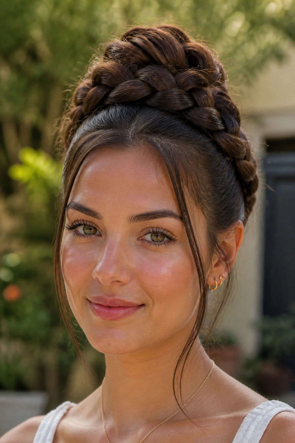 Close-up milkmaid braids with extra height on a real woman