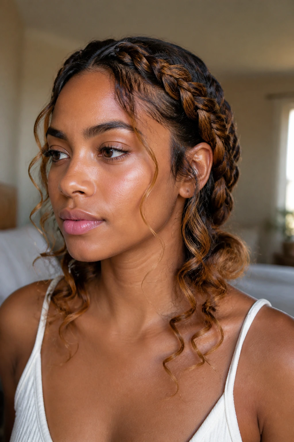 Close-up of a real person with low milkmaid braids and loose curl ends at the nape