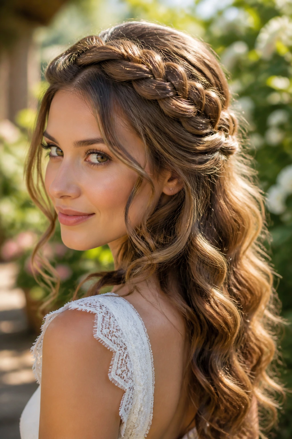 Portrait of a woman with milkmaid braids and open curls framing the face.